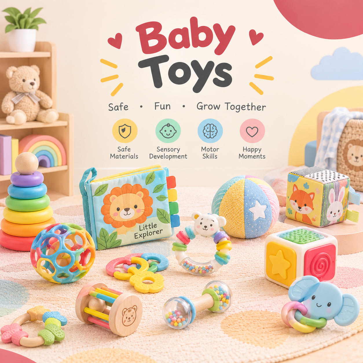Baby toys including colorful rattles, teethers, sensory and educational toys