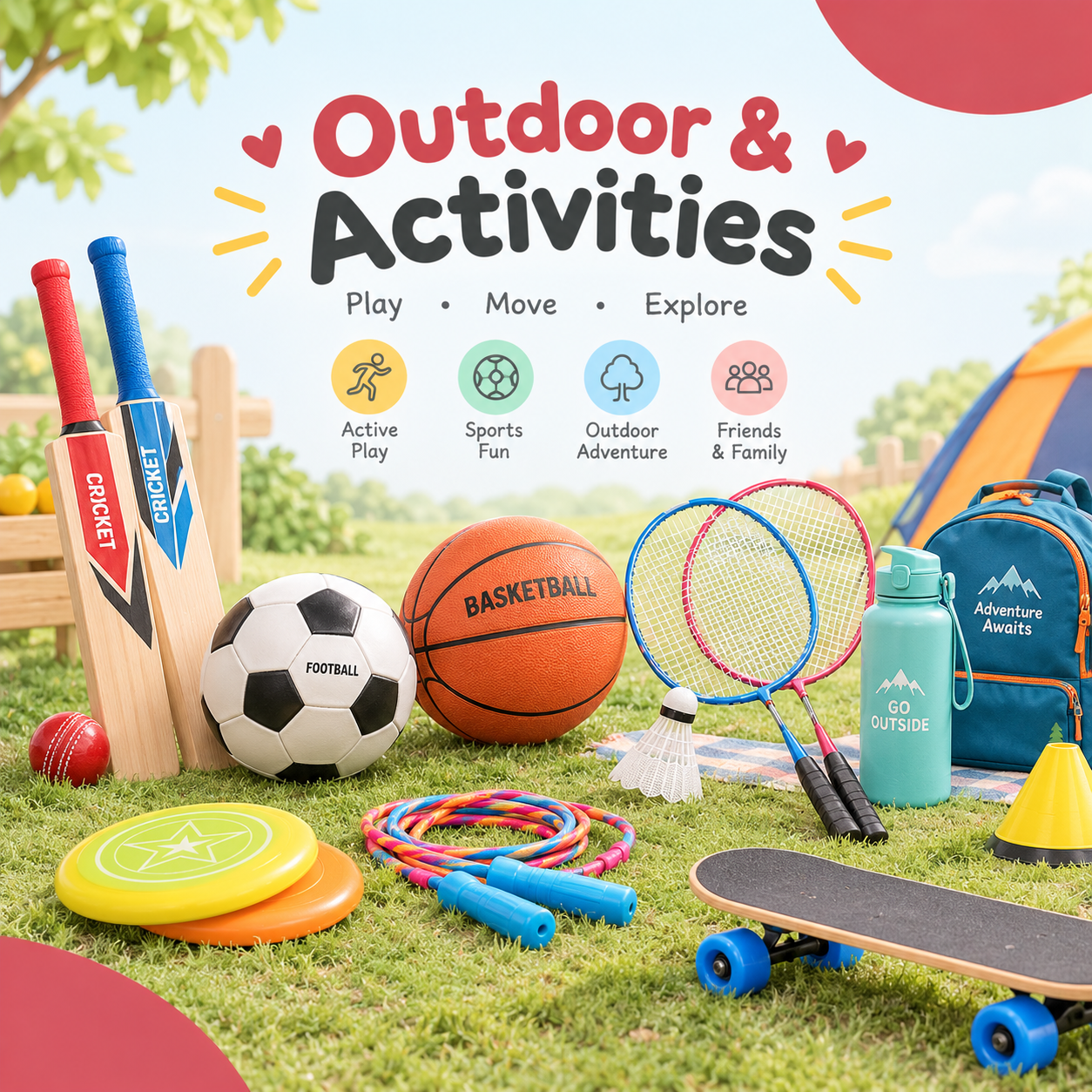 Outdoor and activity toys including balls, sports, ride-on and water play toys for kids