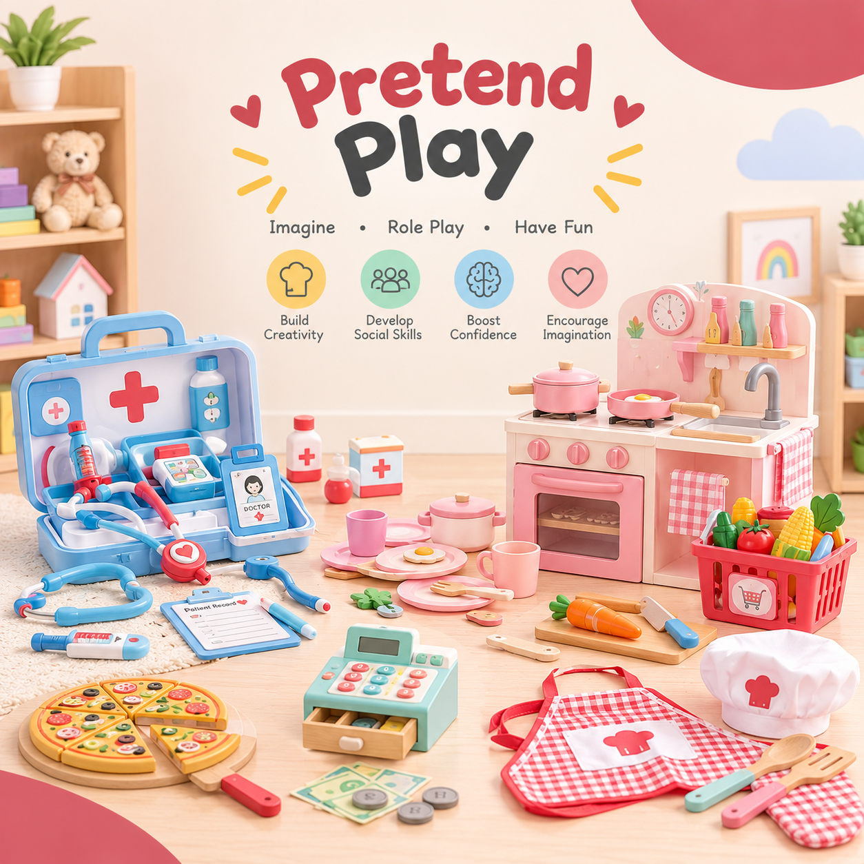 Pretend play toys including kitchen, doctor, tool and role-play sets for kids